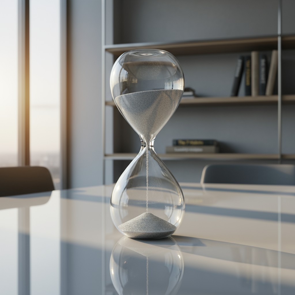 Glass hourglass resting on a white table near a bookshelf reflected in the hourglass and the window in the background.