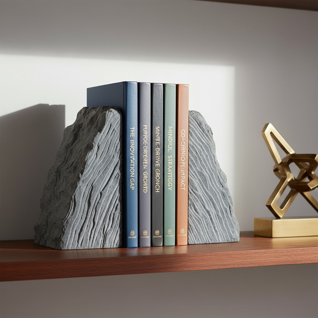 A set of books stands on a wooden shelf against a white wall, flanked by a bookend on the left and a geometric bronze obje...