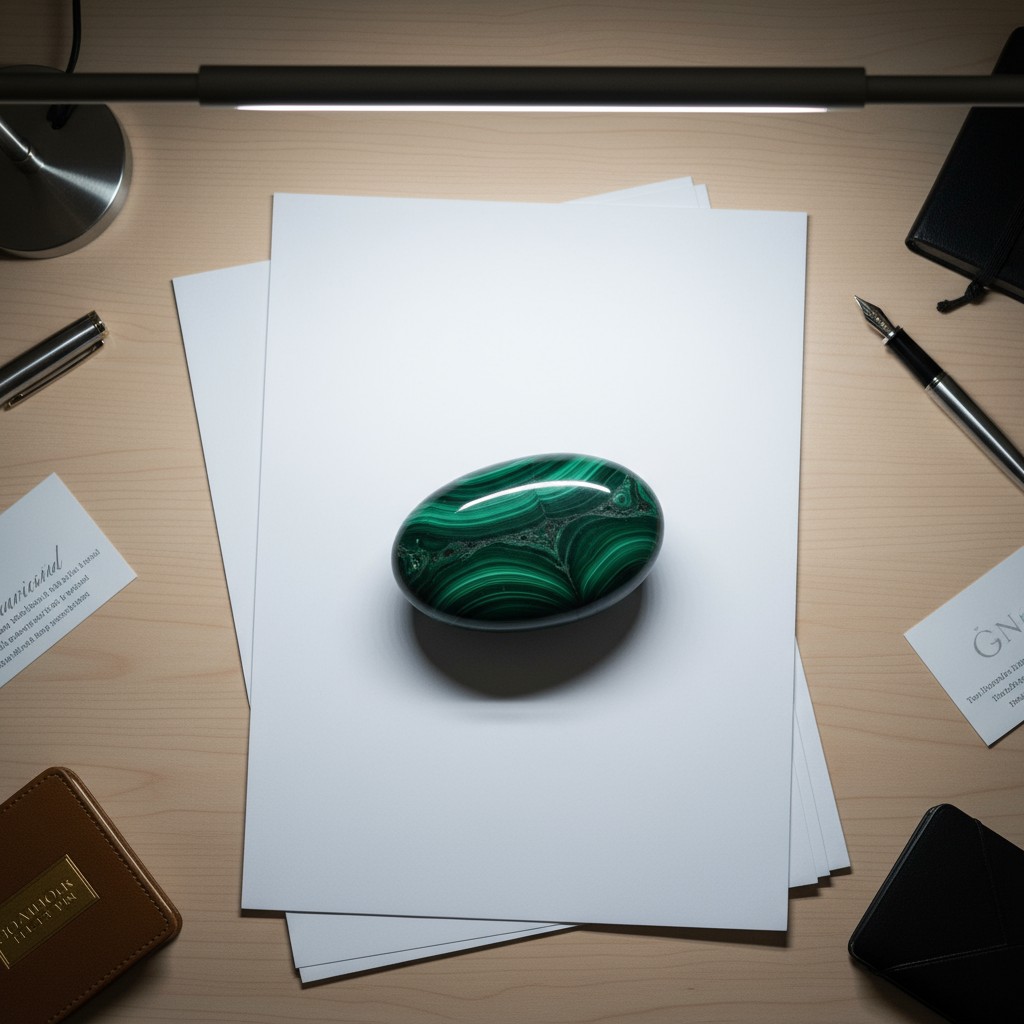 A green and black marbled stone, possibly a polished malachite, sits atop a stack of white papers on a wooden desk next to...