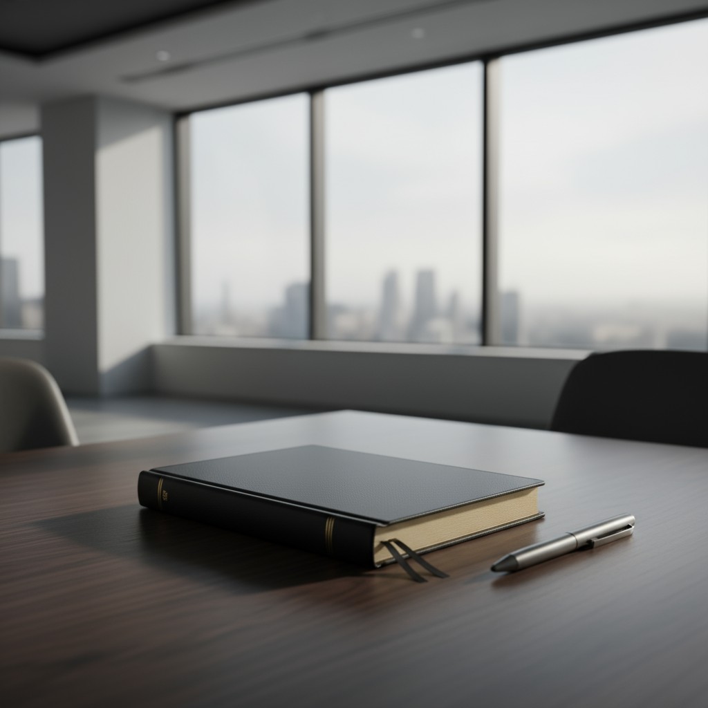 A grey book with a blank cover sits on a mostly grey or plasticky surface along with a silver pen. There are large windows...