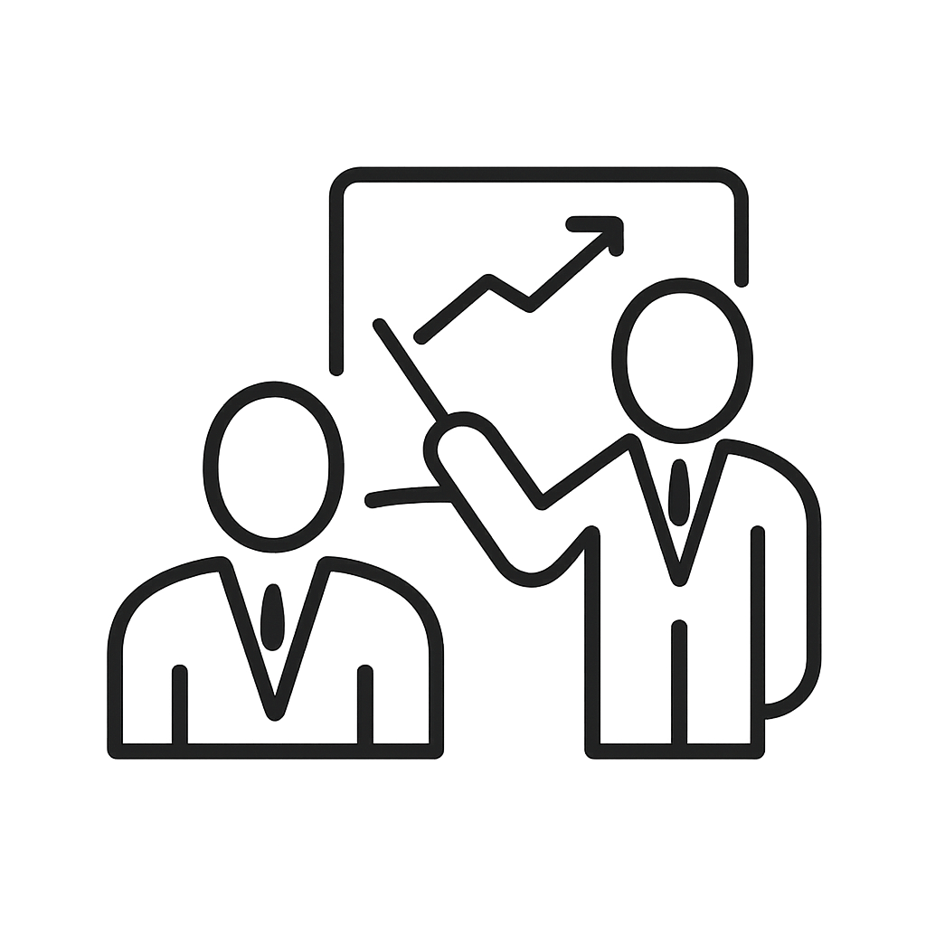 A simple line drawing of two individuals presenting a chart to a third person.